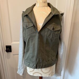 Olive denim and French terry zip front jacket
